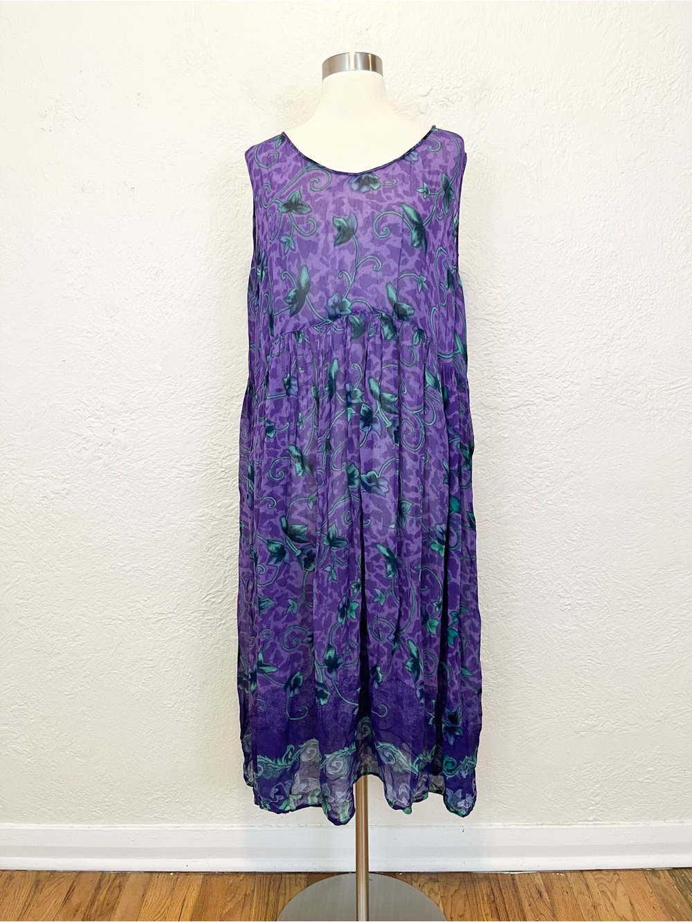 Vintage Dress Midi Maxi Kaftan Boho Bohemian Purple Green Floral Large L